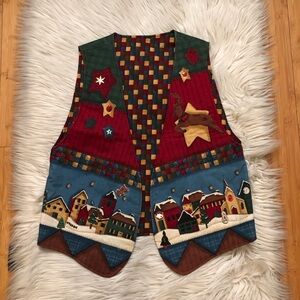 Vinta Handmade Christmas Santa Village Landscape with Charms Open Front Vest M